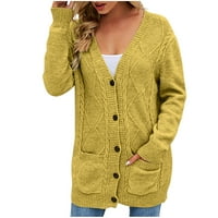 Fall Cardigani za žene Trendy Jesenski zimski čvrsti dugi kardigan dugbica za odjeću vrhovi jakne džemperi sa džepom Yellow XL