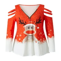 SUNISERY WOGE božićna majica dugih rukava hladna ramena Carw Cartoon Elk Print pulover vrhove Xmas odjeća