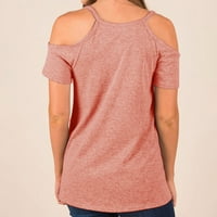 Ženske ljetne kratke rukave vrhovi hladnih ramena V izrez majice casual zatamnjene težene ružičaste