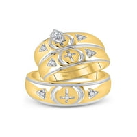 Čvrsta 10k žuto zlato i njen Marquise Diamond Cross Podudaranje par tri prstena za brisanje prstena za svadbene trake za vjenčanje postavljeni CT. -