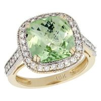 14K žuti zlatni prirodni zeleni ametist prsten za jastuk-rez 10x dijamantski halo, veličine 8
