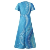 Tking Fashion Womens Ljeto Elegantne casual asimetrične haljine s kratkim rukavima V-izrez tiskane maxi Flowy haljine plavi xl