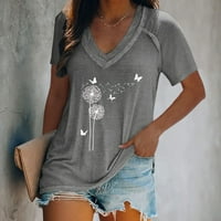 Ženska moda V-izrez maslačak Print Pulover casual majica s kratkim rukavima za žene sive m