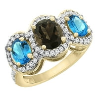 14k žuto zlato prirodno dimy Topaz & Swiss Blue Topaz 3-kameni prsten ovalni dijamant naglasak, veličina