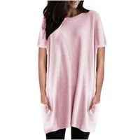 Žene Ležerne prilike pune boje okrugli vrat kratki rukav labavi vrhovi bluze sa džepnim majicama za žene, ružičaste, m