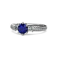 Plavi safir i dijamant tri kamenog prstena s dijamantkom sa bočne trake 1. CTTW 14K bijelo zlato .Size 8.5