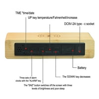 Drveni digitalni budilnik Bežični punjenje, alarmni satovi Noćni dio s tri alarma, odgode, datuma temperature,
