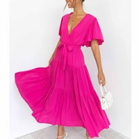 Haljine za žene Čvrsti V-izrez Fit & Flare Srednji duljina Ležerna haljina kratkih rukava Hot Pink S