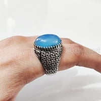 Plavi šalcenični prsten, prirodni plavi chalcedony, Boys Ring, srebrni nakit, srebrni prsten, poklon, teški muški prsten, arapski dizajn, prsten od osmanskog stila, Ring, Turska MINS Signet Ring