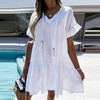 Bigersell Womens Ljetne haljine Ženske pune boje kratkih rukava V-izrez Drape Nasled haljina Ženska Maxi Haljine Redovne haljine za smjenu, Style 33305, Bijeli XL