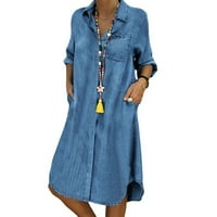 Ženska modna casual čvrsta boja lapela jednokrasna ploča ravno dugih rukava haljina od pamučne košulje dugih rukava