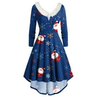 Maxi haljina za žene sa rukavima pada modne žene haljina tiskana s dugim rukavima Božićni krmnik V-izrez nacrtaj ljuljaška haljina plava m
