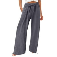 ManXivoo široke pantalone za noge za žene Ženske pamučne ležerne hlače udobne radne pantalone s elastičnom visokom strukom papir za papir za ženske hlače tamno siva