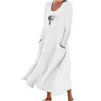 Bezolor pamučna posteljina haljina za žene Crewneck tiskani s dugim rukavima Ležerni labavi kasuta dugačka haljina s džepovima