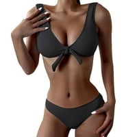 Keusn Ženska solidna boja prednje kravata Knot Bikini setovi dva kupaće kostim kupaćih kupaćih kostimu za žene Black XL