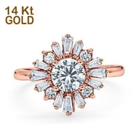 14K Gold Halo cvjetni stil Vintage Art Deco Vjenčanje prsten Baguette Okrugli CZ Veličina 7