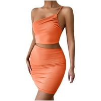 Ljetne haljine klirence bez rukava bez rukava od pune boje jedno-ramena Mini haljine za žene koso na ramenu za izdvajanje duljine, narančasta, s