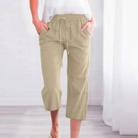 Oieyuz ženske pamučne posteljine Capris hlače vrećaste vuče elastične struke hlače od čvrste boje obrezane