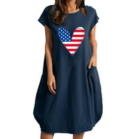 Yinguo Dame Heart Ispisan haljina s kratkim rukavima za žene Ljetne okrugle haljine sa džepom 4. srpnja USA Flag Pamučna labava haljina
