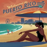 Portoriko, scena na plaži, litograf