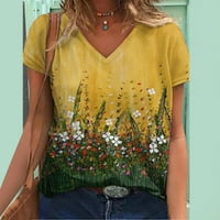 Ženski vrhovi Žene Modni cvjetni tiskani majica s kratkim rukavima V-izrez TOPLS Yellow XL
