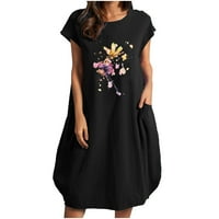 Ženska pamučna posteljina cvjetni print kratki rukav sa džepnim posadom Labava haljina Estetska haljina