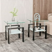 Set od 2, modernog kaljenog stakla za čajni stol za kavu za kavu, kvadratni stol za dnevni boravak, prozirna crna