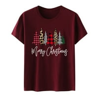 Srećna božićna košulja Žene Božićno drvce Crveno vino, Grafički vrhovi The Tee Short rukavi za odmor Pokloni za žene za žene