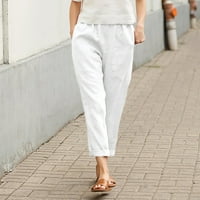 Tiqkatyck ženske elastične strugove bijele posteljine hlače za žene zategnuto pantalone džep casual plus veličine Hlače Radne hlače bijele