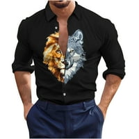 Muška kuća za odmor Havajski majice Trendy 3D životinjski uzorak grafički veliki i visoki regularni fit dugme s dugim rukavima dolje Basic Tees majica Crni XXL