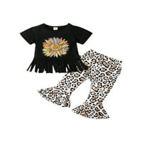 TODDLER Baby Girl Ljetna odjeća kratki rukav Tassel Hem Suncokret majica + Leopard Long Bell donje hlače