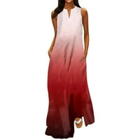 Clearsance Ljetne haljine za žene zarez vrata duge casual maxi tiskana haljina bez rukava crvena 5xl