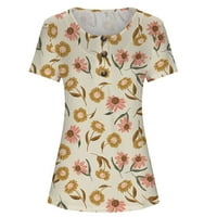 Žene izlaske ljetnih majica Dugmas Okrugli izrez Loop Fit cvjetni vrhovi tiskani kratki rukav elegantan