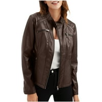 Bezolor kožna jakna za žene casual moda zip-up dugih rukava ovratnik zip prednji plus veličina moto biciklistička kava kava