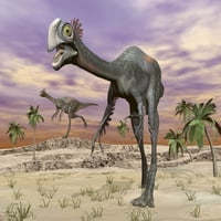 Dva Gigantoraptor dinosaurusa koji hodaju u pustinjskom posteru