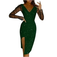 Jesenske haljine za žene ženske jesenje moderne stilski V-izrez dugih rukava vruća bušilica mreža nepravilna haljina zelena XXL DRS