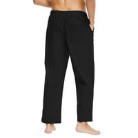 Muški casual posteljine hlače labave fit ravne noge elastična struka za crtanje Ljeto plaža Yoga duge hlače crna xxxl