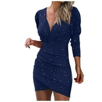 Polufalne haljine za žene Žene duboke V TRAFINS omotajte ruširani noćni klub s dugim rukavima tamno plavi XS