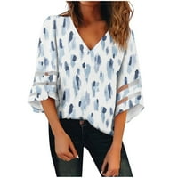 Radni bluze za ženska bluza za bluzu mreže od vrata Cvjetni print Bell rukava ljetna majica Blue XXXL
