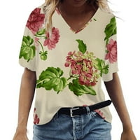 Ženska modna ljetna seksi ispisana bluza ruffles kratki rukav V-izrez V-izrez majice za majice, beige 3xl