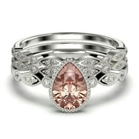 Dazzling Boho & Hippiepie 2. Karatni kruški ružni morgatit i dijamantni morski zaručni prsten, klasični vjenčani prsten, dva podudarna traka u 10k čvrsto bijelo zlato, rođendanski poklon, obećaj prsten