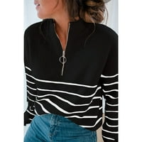 Pola Zip Duks s prugama, labav pričvršćivanje kože prilagođen kožom ovratnik Ležerni stil Žene Striped Zip up džemper za svakodnevni život
