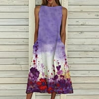 Žene Ljeto Print Print Beach Haljina za odmor Okrugli izrez Big Swing Pocket Maxi haljina, ljubičasta, xxl