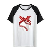 CLlios bejzbol majica Žene uzorak kratki rukav majica Labavi okrugli izrez Smiješni gornji patchwork