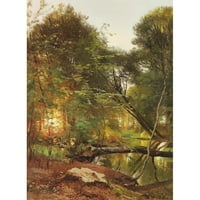 Carl Frederik Aagaard Black Moderni uokvireni muzej Art Print pod nazivom - Tim u šumi, zalazak sunca