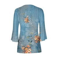 Yyeselk bluze i majice za gumbu za žene trubačke rukave seksi V-izrez tunika na vrhu Ležerne prilike elegantne cvjetne ispise Pleted prednji ljetni tees plavi m