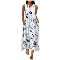 Bazyrey ženske haljine Ljeto bez rukava Maxi haljine ženske cvjetne casual obruče s V-izrezom plavi