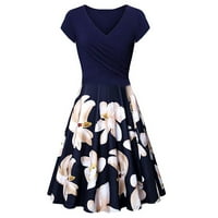 Homchy ljetne haljine za žene Ležerne prilike print V izrez Drvene haljine u obliku koljena Blue S