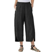 Saodimallsu ženske posteljine široke hlače za noge casual elastični struk Split HEM kapris pantalone