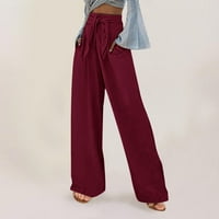 Ženska labava džep široka noga pantalone casual gumb elastični struk pamučne posteljine labave hlače